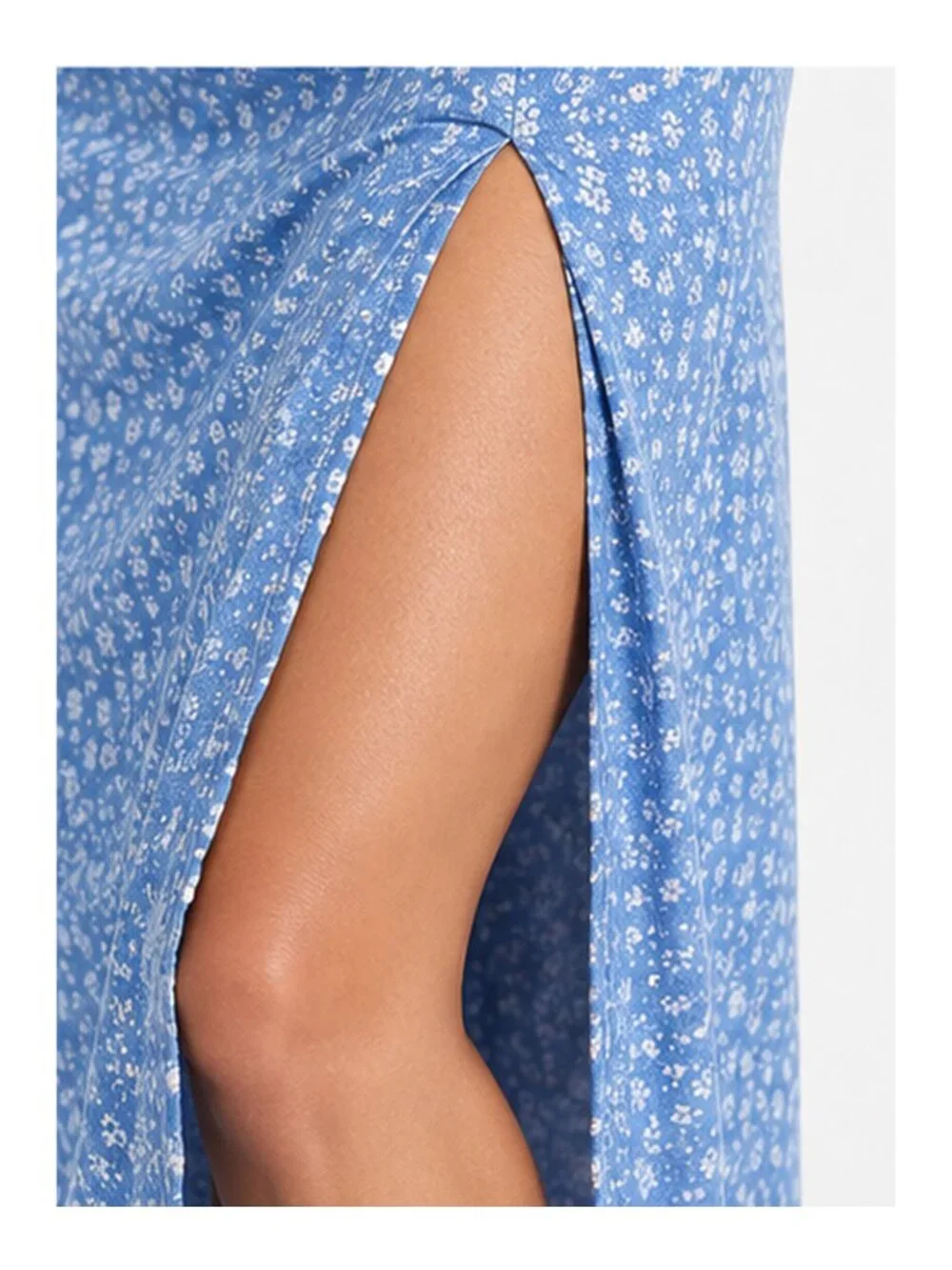 NA-KD Light Blue Floral Puff Sleeve Ruched Midi Dress Side Slit 6 S